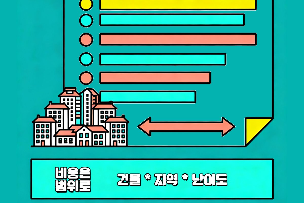 건물 유형별 비용 분포 — 아파트 15~35만원, 빌라 20~45만원, 단독 30~60만원, 상가 35~80만원