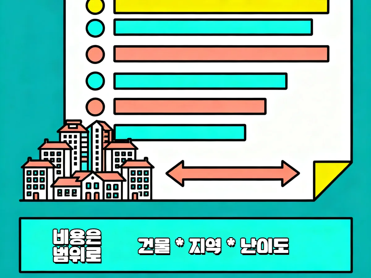 견적서와 건물 실루엣을 함께 그린 일러스트 — 누수탐지 비용을 건물 유형·지역·난이도 범위로 안내
